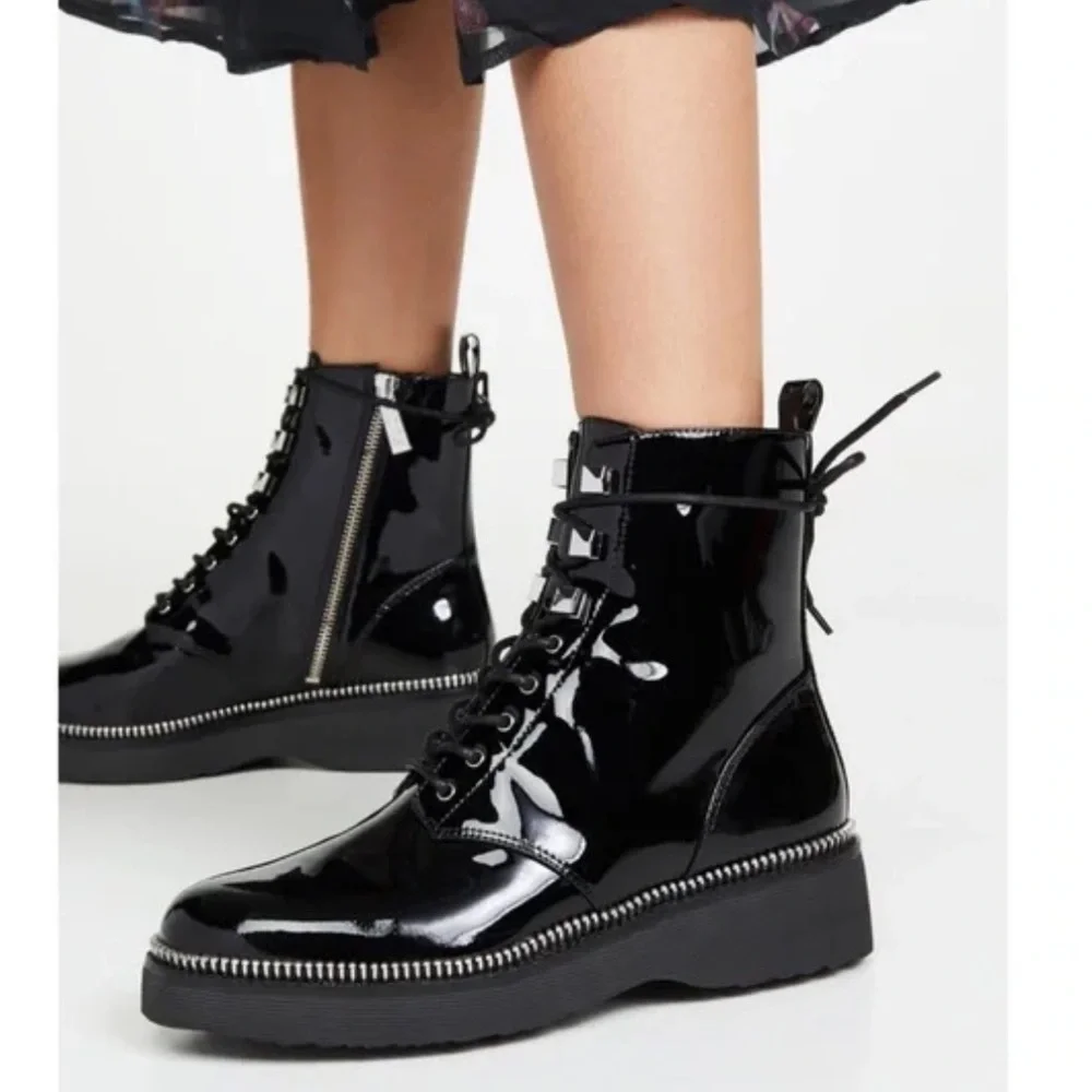 MICHAEL Michael Kors Black Patent Lace-Up Platform Boot with Silver Stud Trim